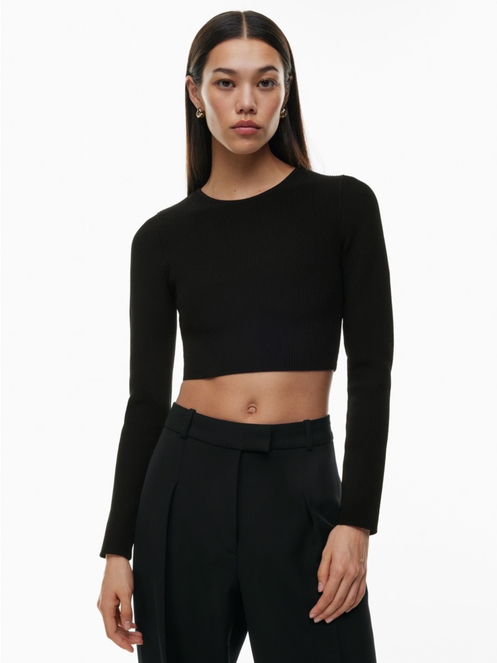 Aritzia Babaton Sculpt Knit Cropped Long Sleeve Top – Black (Size M)